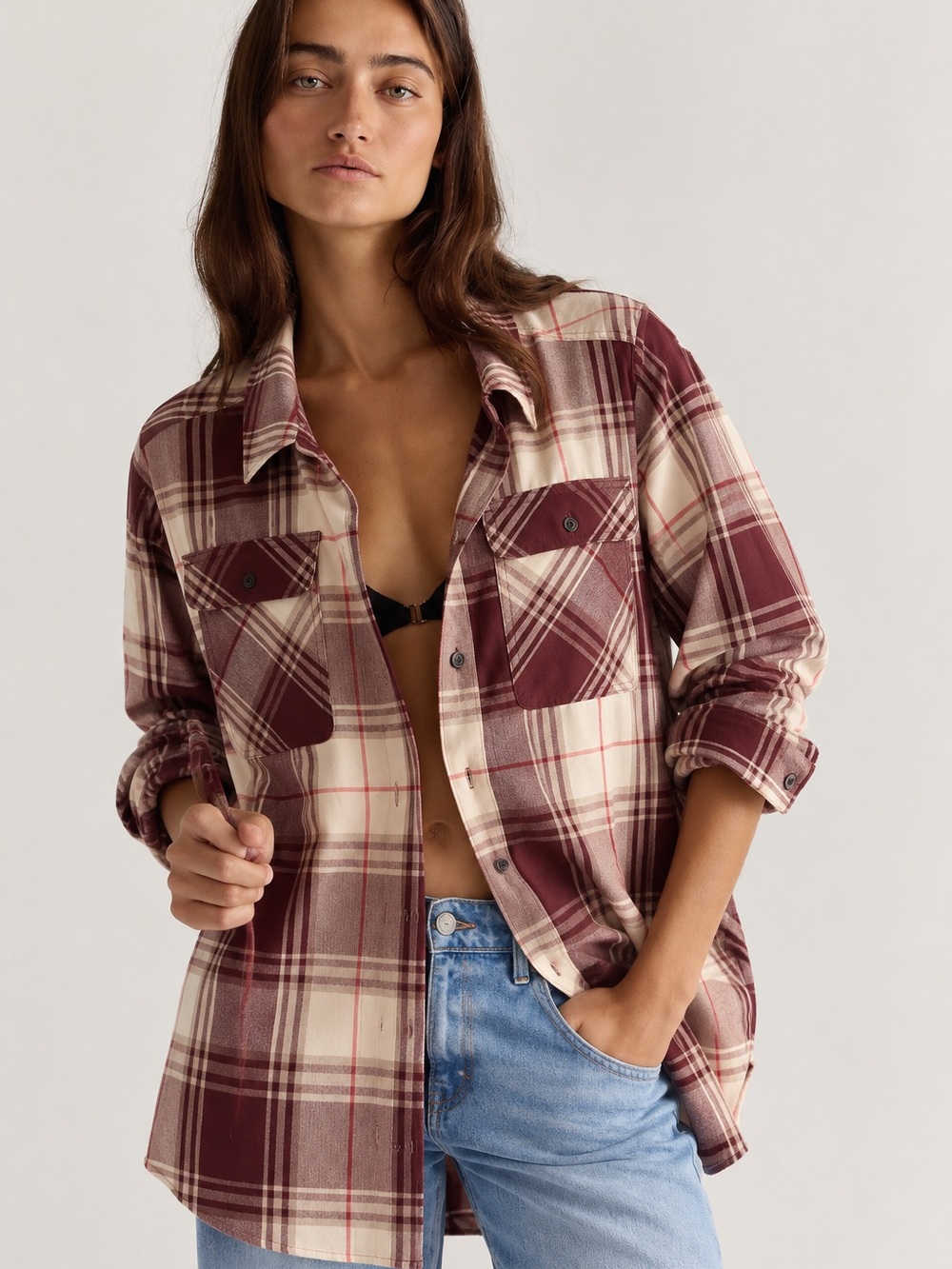 258. Plaid Button-Front Shirt Jacket in Burgundy and Cream